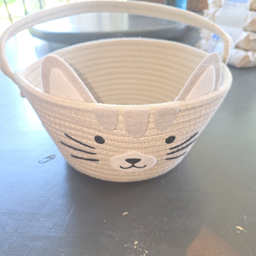 Cat‎ Face Coiled Rope Basket Cream Small Storage Bin with Handle Nursery